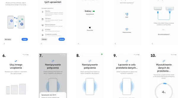 Instrukcja krok po kroku, jak używać aplikacji Smart Switch do przenoszenia danych między urządzeniami.