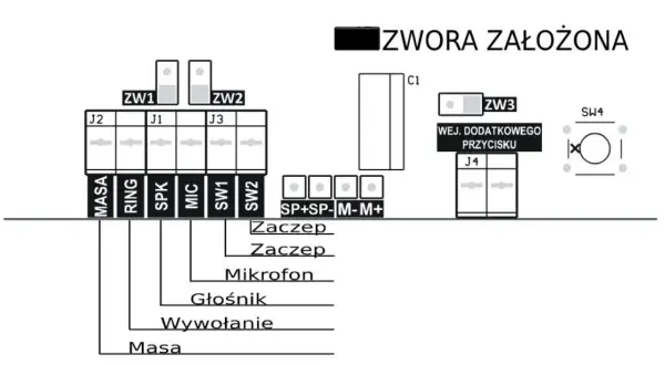 Schemat podłączenia domofonu 6 żyłowego: zworki, złącza J2, J1, J3, SP+SP-M-M+, zaczepek, mikrofon, głośnik, wywołanie, masa.