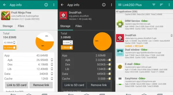 Ekran pokazuje, jak przenieść aplikacje na kartę pamięci, z opcjami "Link to SD card" dla Fruit Ninja Free i DroidFish.