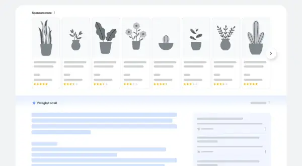 Szukasz sposobu, jak wyłączyć przegląd od AI Google? Na ekranie widzisz wyniki wyszukiwania Google z sekcją "Przegląd od AI" i reklamami.