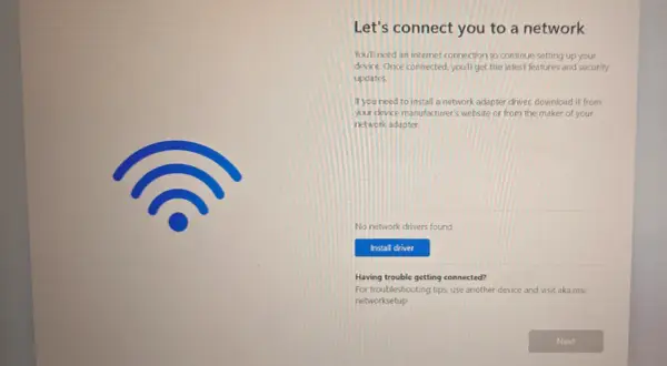 Ekran "Połącz z siecią" z ikoną Wi-Fi. Brak sterowników sieciowych, ale jest opcja "Zainstaluj sterownik", która pomoże jak zaktualizować sterowniki sieciowe.