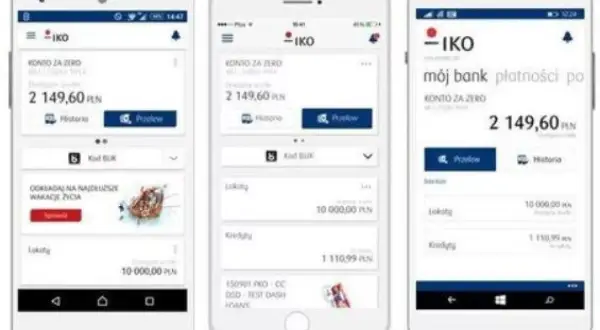 Trzy ekrany aplikacji IKO pokazują stan konta i oferty. Dowiedz się, jak aktywować IKO na drugim telefonie, by mieć dostęp do finansów zawsze pod ręką.