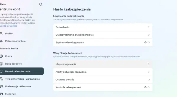 Centrum kont Meta: Hasło i zabezpieczenia. Sekcja "Logowanie i odzyskiwanie" pozwala sprawdzić, jak sprawdzić logowanie na Messengerze, zmienić hasło i włączyć uwierzytelnianie dwuskładnikowe.