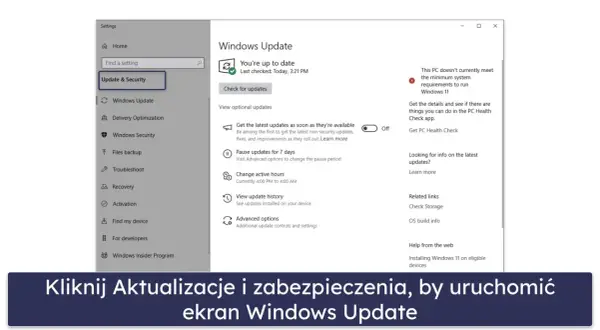 Ekran Ustawień Windows 10, sekcja Aktualizacje i zabezpieczenia. Widoczny komunikat o braku możliwości aktualizacji do Windows 11.