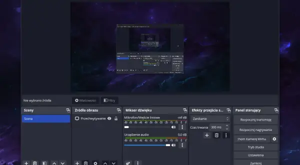 OBS Studio, popularna aplikacja do nagrywania ekranu i streamingu, z widocznym podglądem sceny, mikserem dźwięku i panelem sterowania.