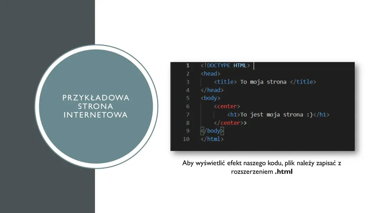 Przykładowa strona internetowa w notatniku. Kod HTML pokazuje, jak zrobić stronę internetową, zapisując plik z rozszerzeniem .html.