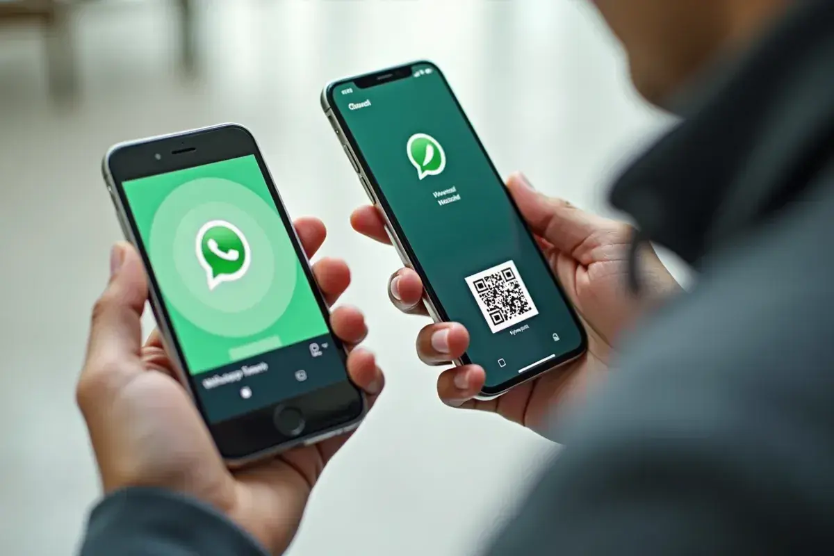 Dwie dłonie trzymają telefony z aplikacją WhatsApp. Na jednym ekranie logo, na drugim kod QR, pomocny, by dowiedzieć się, jak założyć WhatsApp na telefonie.
