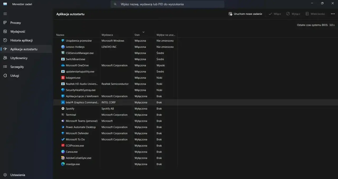 Menedżer zadań Windows 10, zakładka "Aplikacje autostartu". Lista programów uruchamianych przy starcie systemu, z opcją wyłączenia ich, by przyspieszyć uruchamianie.