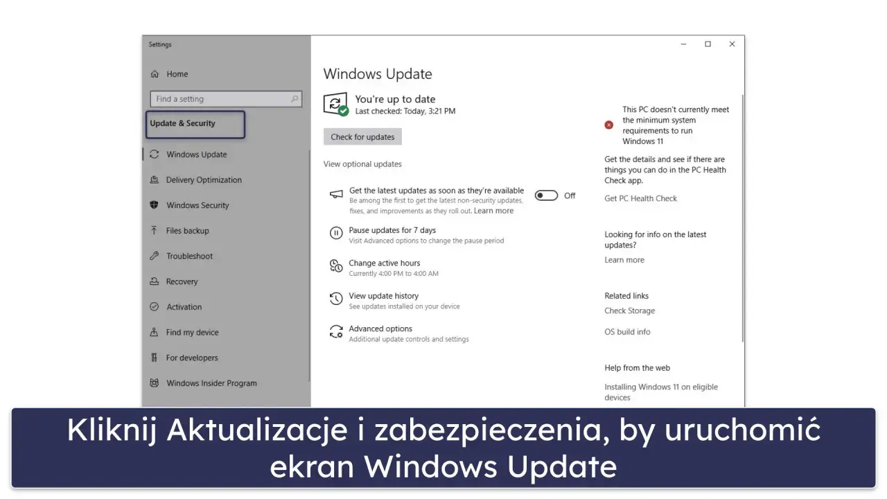 Ekran Ustawień Windows 10, sekcja Aktualizacje i zabezpieczenia. Widoczny komunikat o braku możliwości aktualizacji do Windows 11.