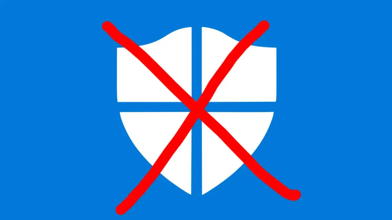 Symbol tarczy Windows z przekreśleniem na czerwono. Ilustracja sugeruje, jak wyłączyć Windows Defender.