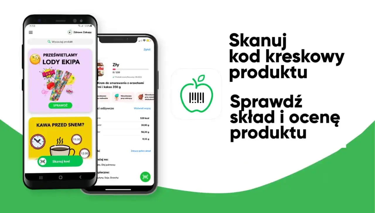 Aplikacja zdrowe zakupy: skanuj kod kreskowy produktu, by sprawdzić skład i ocenę. Zobaczysz tu też propozycje zdrowych przekąsek.
