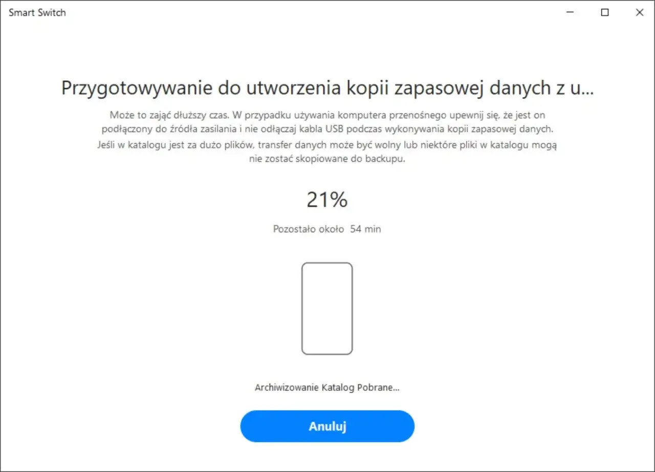 Aplikacja Smart Switch przygotowuje kopię zapasową danych, postęp 21%.