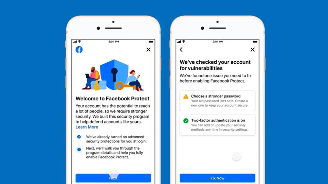 Jak sprawdzić logowania na FB na telefonie? Ekran powitalny Facebook Protect i podsumowanie bezpieczeństwa konta.