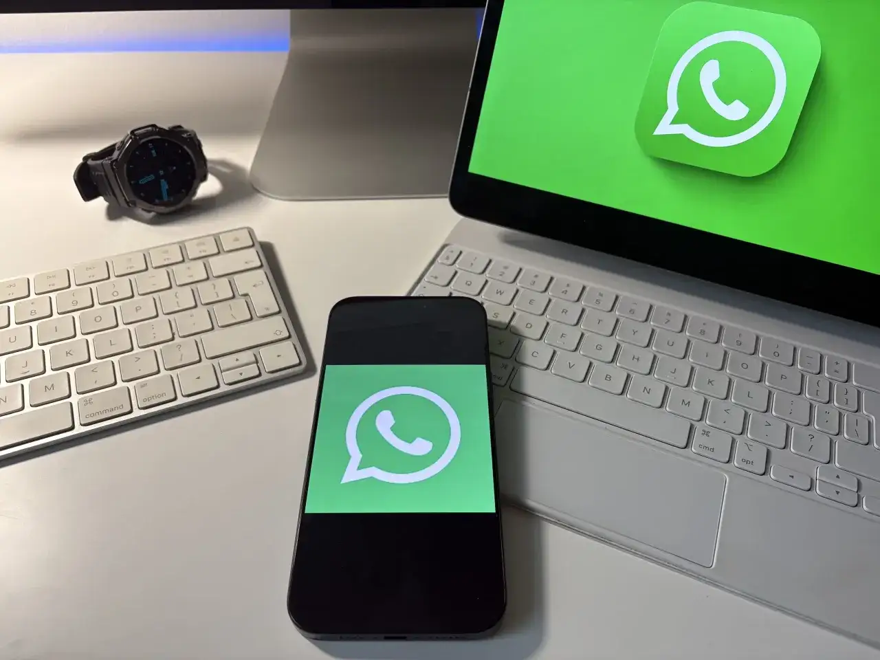 Smartfon z logo WhatsApp obok klawiatur i zegarka. Prosty przewodnik, jak zainstalować WhatsApp.