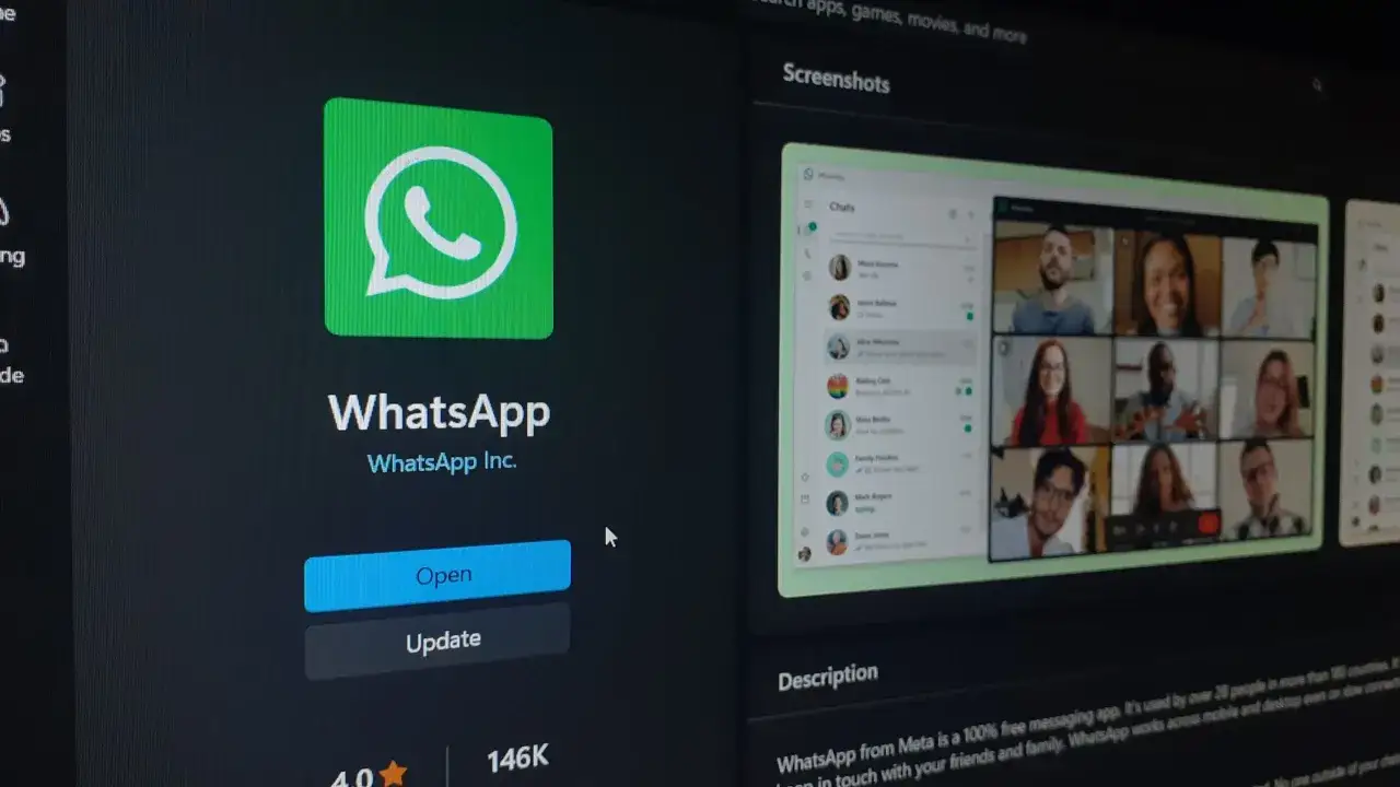 Ekran komputera z ikoną WhatsApp i zrzutami ekranu pokazującymi rozmowy wideo. Dowiedz się, jak korzystać z WhatsApp, aby pozostać w kontakcie.