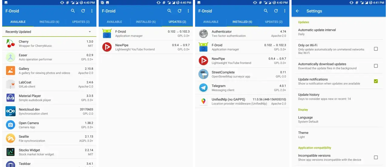 Ekran ustawień F-Droid pokazuje, jak zaktualizować sklep Play na starym Androidzie, z opcjami automatycznych aktualizacji i powiadomień.