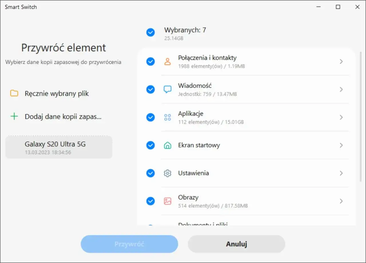 Aplikacja Smart Switch pozwala przywrócić dane z kopii zapasowej, np. połączenia, wiadomości, aplikacje i obrazy z Galaxy S20 Ultra 5G.