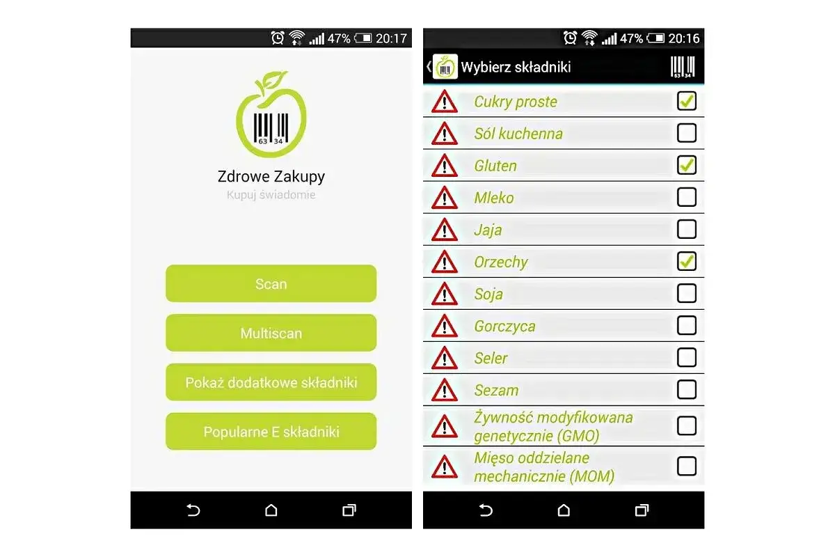 Aplikacja zdrowe zakupy pomaga świadomie wybierać produkty. Na ekranie widać listę składników do zaznaczenia, np. gluten, orzechy.