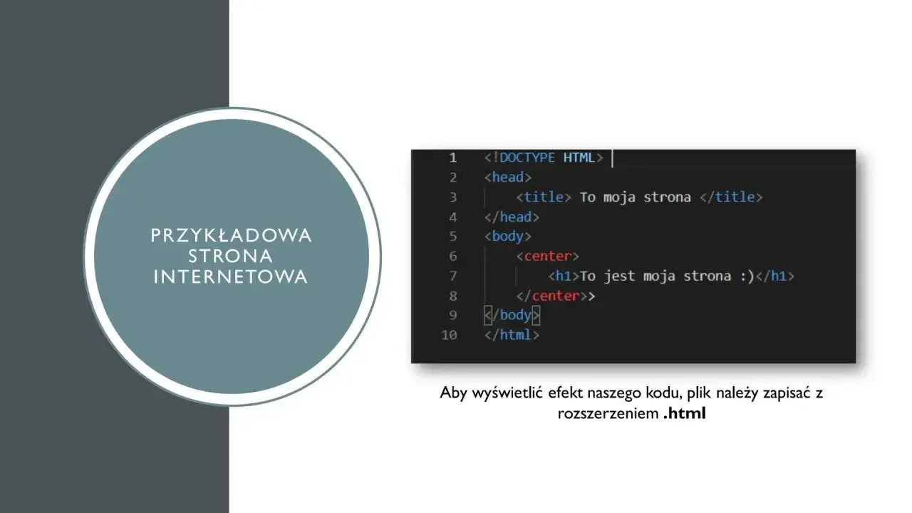 Przykładowa strona internetowa w notatniku. Kod HTML pokazuje, jak zrobić stronę internetową, zapisując plik z rozszerzeniem .html.