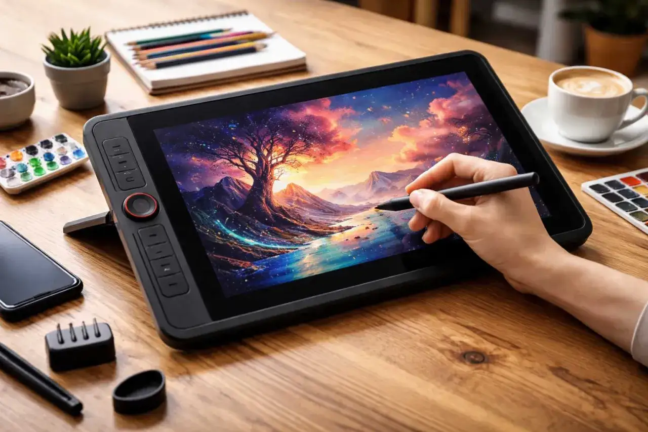 Ręka tworzy magiczny krajobraz na ekranie tabletu graficznego. Ta aplikacja do rysowania pozwala na tworzenie cyfrowych dzieł sztuki.