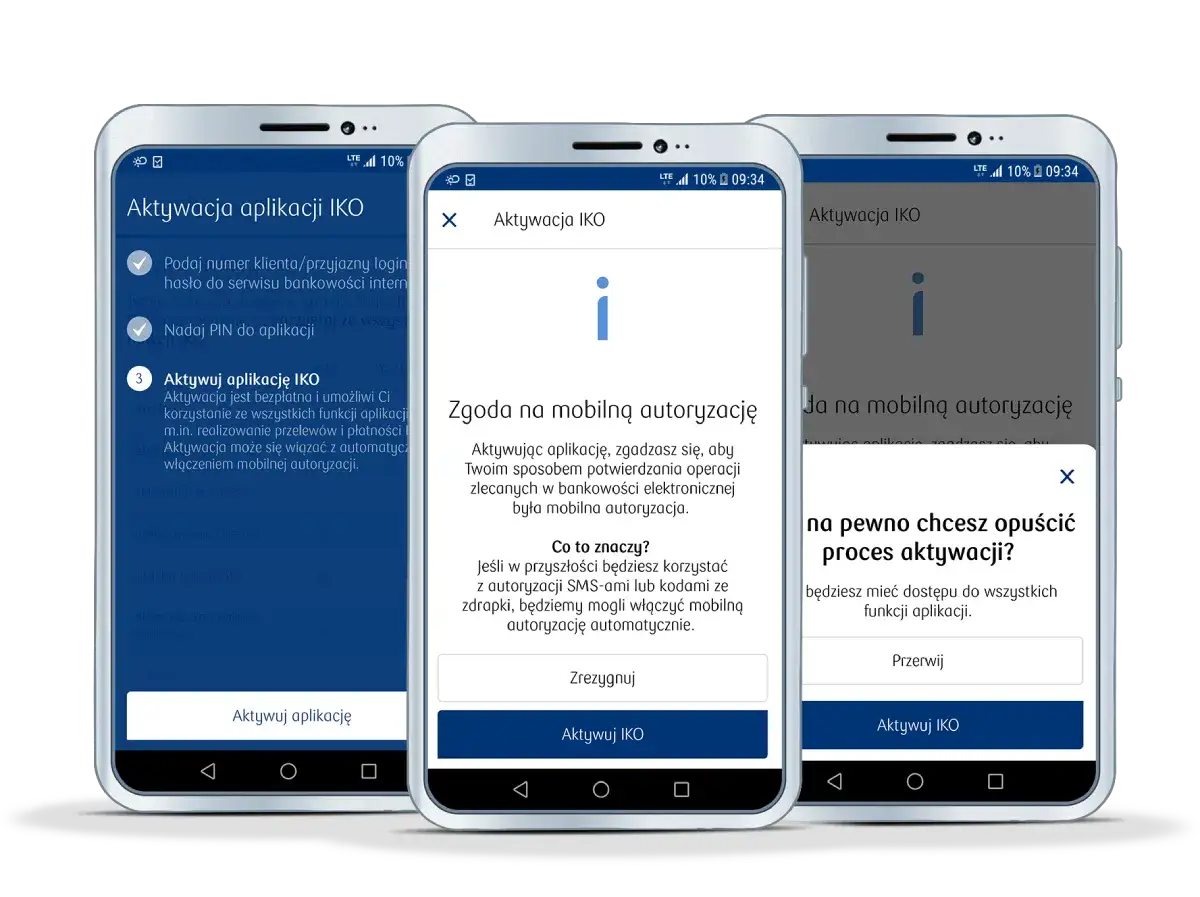 Jak aktywować aplikację IKO na nowym telefonie? Widok ekranów smartfonów z procesem aktywacji aplikacji IKO, w tym zgoda na mobilną autoryzację.