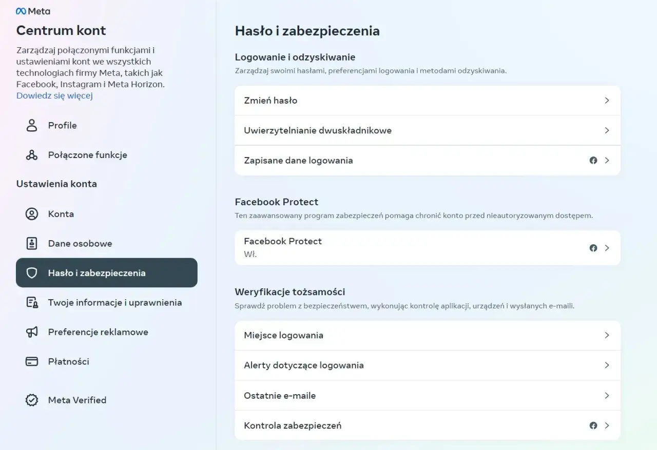Centrum kont Meta: Hasło i zabezpieczenia. Sekcja 