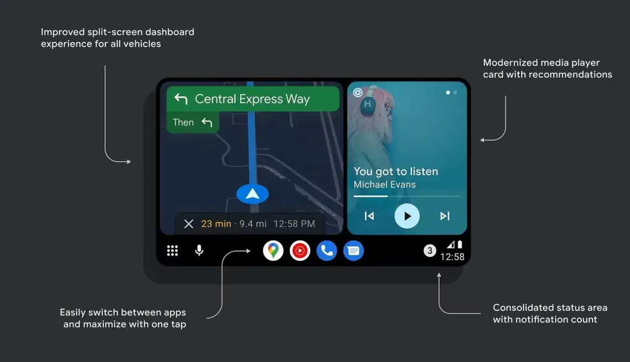 Nowe android auto aplikacje w trybie podzielonego ekranu: nawigacja i muzyka. Łatwe przełączanie między aplikacjami.