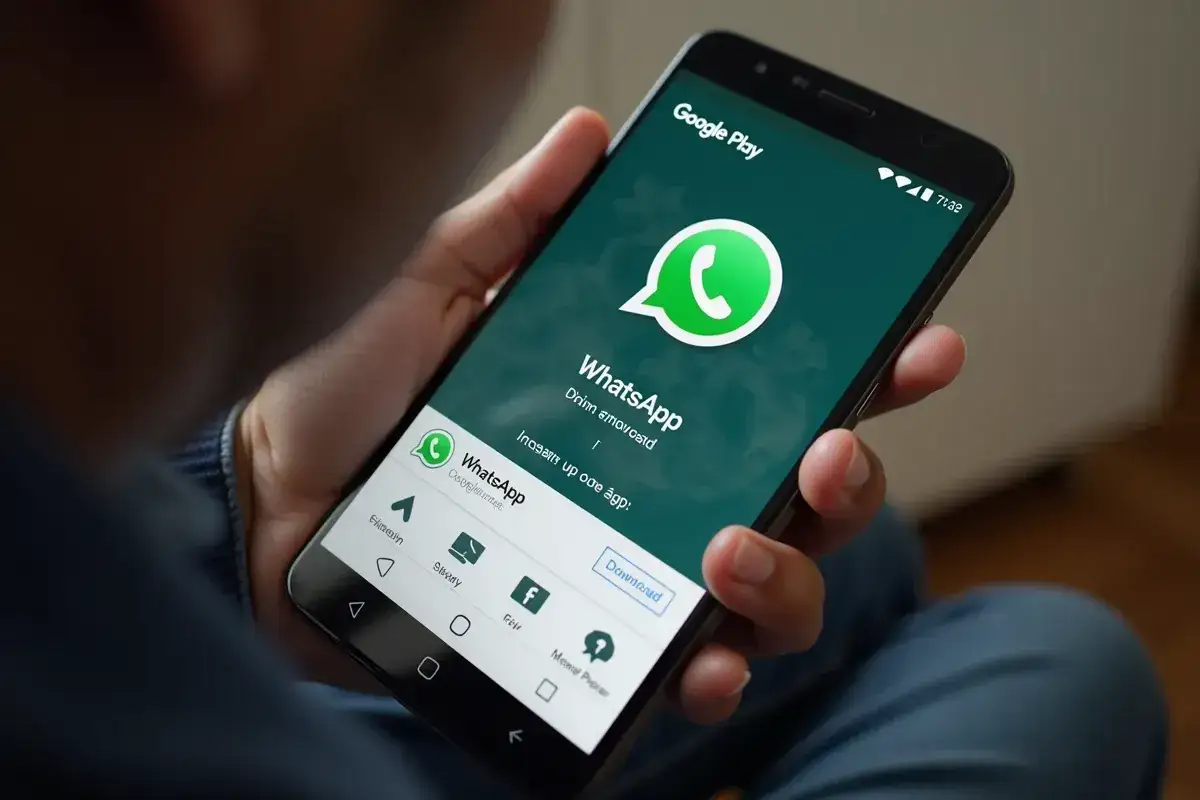 Osoba trzyma smartfon z ekranem Google Play, pokazującym jak zainstalować WhatsApp.