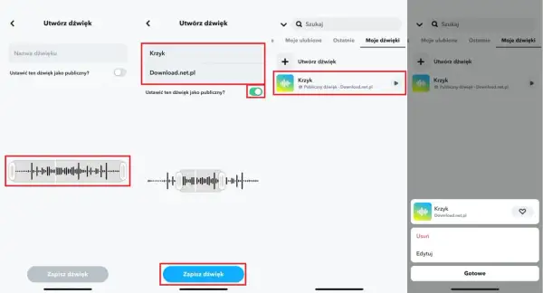 Jak ustawić oryginalny dźwięk Snapchat: wybierz "Krzyk" z Download.net.pl, aby dodać go do swoich dźwięków.