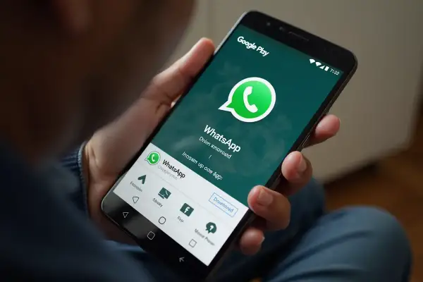 Osoba trzyma smartfon z ekranem Google Play, pokazującym jak ściągnąć WhatsApp na telefon.