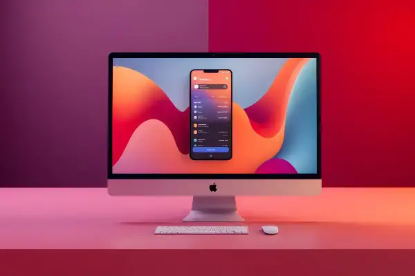 Mac z ekranem wyświetlającym iPhone'a z aplikacjami. Dowiedz się, jak pobrać app z app store bez iOS urządzenia.