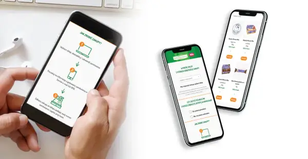 Dwie smartfony prezentują aplikację Delikatesy Centrum, pokazując proces zakupów online i listę produktów.