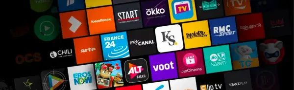 Wiele ikon aplikacji streamingowych na ekranie telewizora. Dowiedz się, jak pobrać aplikacje na telewizor, aby oglądać filmy i seriale.