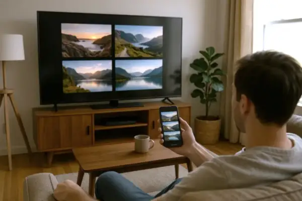 Mężczyzna trzyma smartfon, na którym widać cztery obrazy krajobrazów, podobne do tych wyświetlanych na telewizorze LG. To może być pomocne, gdy zastanawiasz się, jak ściągnąć aplikacje na telewizor LG.