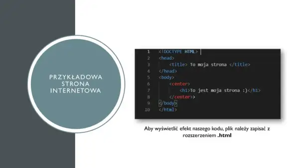 Przykładowa strona internetowa w notatniku. Kod HTML pokazuje, jak zrobić stronę internetową, zapisując plik z rozszerzeniem .html.