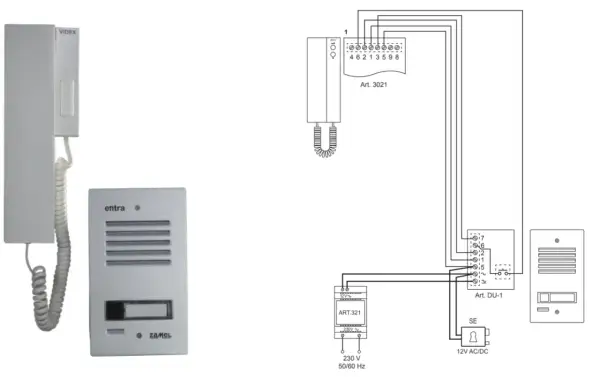 Schemat instalacji domofonowej: jak podłączyć domofon w domu. Widoczny unifon, panel zewnętrzny i zasilacz.