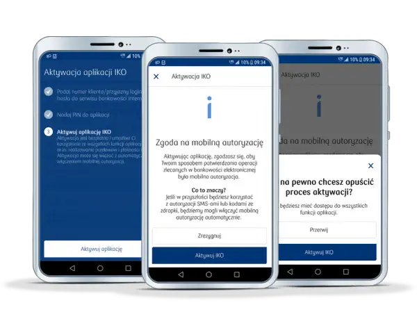 Trzy telefony pokazują kroki aktywacji aplikacji IKO. Dowiedz się, jak aktywować IKO na innym telefonie, postępując zgodnie z instrukcjami na ekranie.