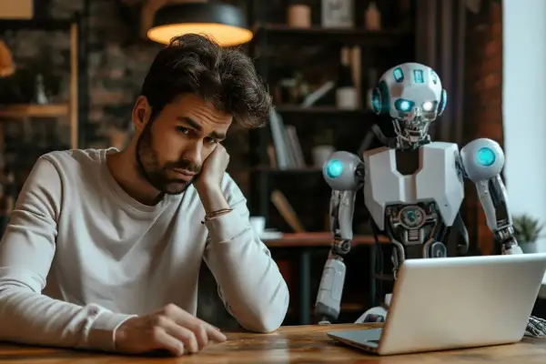 Zmęczony mężczyzna siedzi przy laptopie, obok niego stoi robot. Szuka informacji, jak wyłączyć AI w Androidzie.