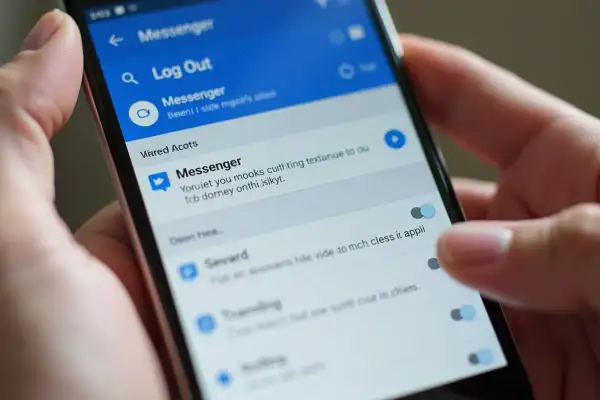 Ustawienia Messengera na telefonie. Widoczna opcja "Wyloguj" i przełączniki powiadomień. Dowiedz się, jak wyłączyć Messengera.