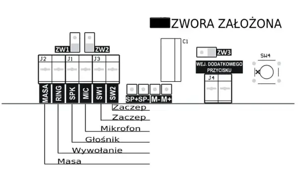 Schemat podłączenia domofonu 6 żyłowego: zworki, złącza J2, J1, J3, SP+SP-M-M+, zaczepek, mikrofon, głośnik, wywołanie, masa.