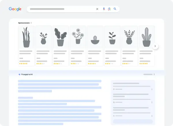 Szukasz sposobu, jak wyłączyć przegląd od AI Google? Na ekranie widzisz wyniki wyszukiwania Google z sekcją "Przegląd od AI" i reklamami.