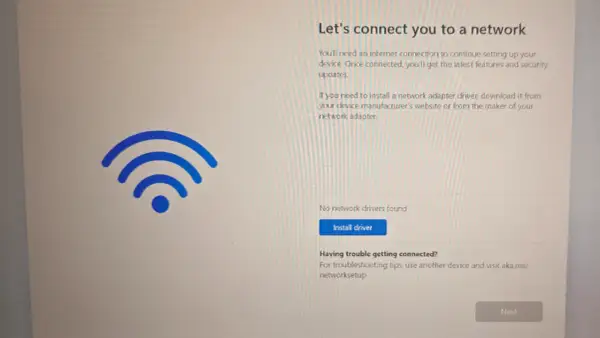 Ekran "Połącz z siecią" z ikoną Wi-Fi. Brak sterowników sieciowych, ale jest opcja "Zainstaluj sterownik", która pomoże jak zaktualizować sterowniki sieciowe.