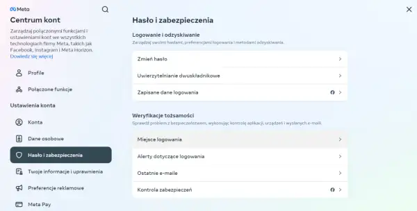 Centrum kont Meta: Hasło i zabezpieczenia. Sekcja "Logowanie i odzyskiwanie" pozwala sprawdzić, jak sprawdzić logowanie na Messengerze, zmienić hasło i włączyć uwierzytelnianie dwuskładnikowe.
