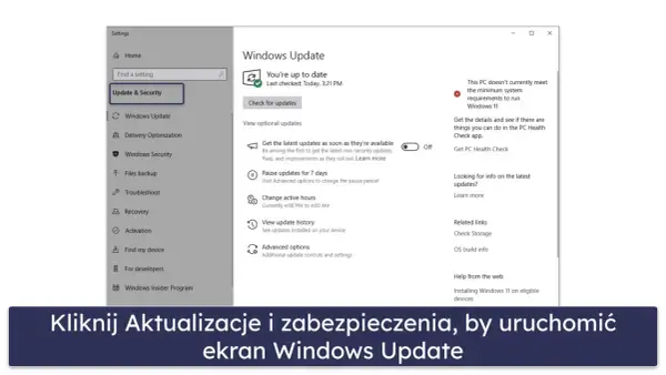 Ekran Ustawień Windows 10, sekcja Aktualizacje i zabezpieczenia. Widoczny komunikat o braku możliwości aktualizacji do Windows 11.