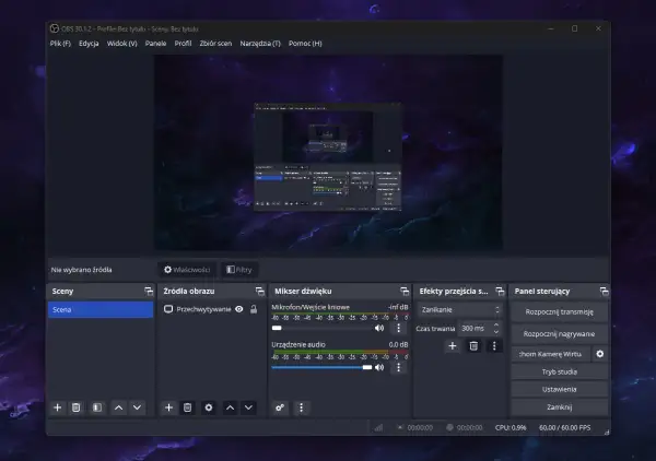 OBS Studio, popularna aplikacja do nagrywania ekranu i streamingu, z widocznym podglądem sceny, mikserem dźwięku i panelem sterowania.