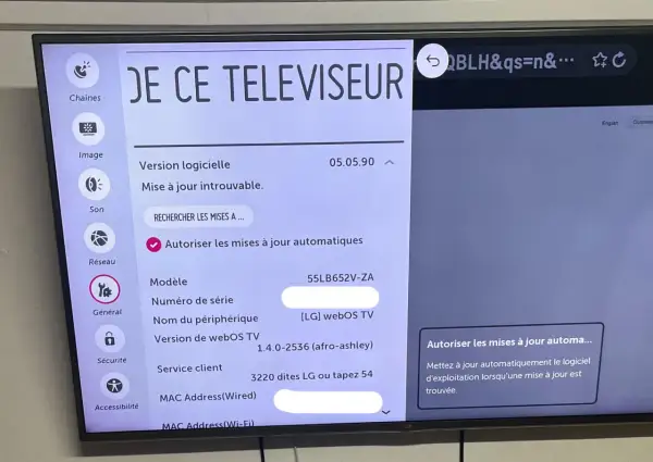 Ekran telewizora LG z menu ustawień, pokazujący informacje o wersji oprogramowania i opcje aktualizacji. Dowiedz się, jak zaktualizować stary telewizor LG.
