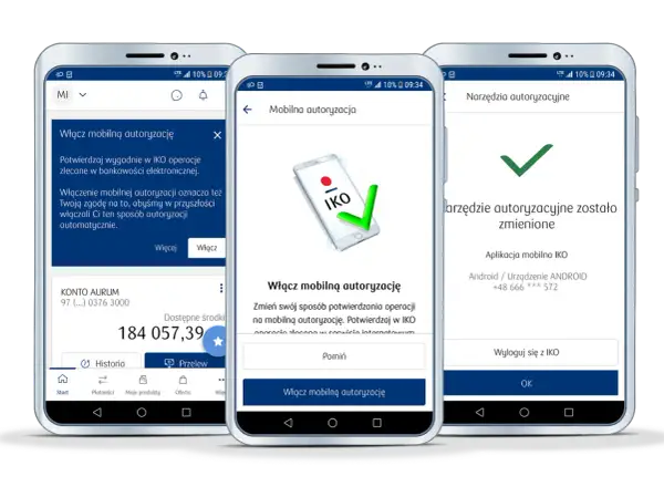 Jak pobrać aplikację IKO na telefon? Trzy ekrany smartfonów pokazują proces włączania autoryzacji mobilnej w aplikacji bankowej.