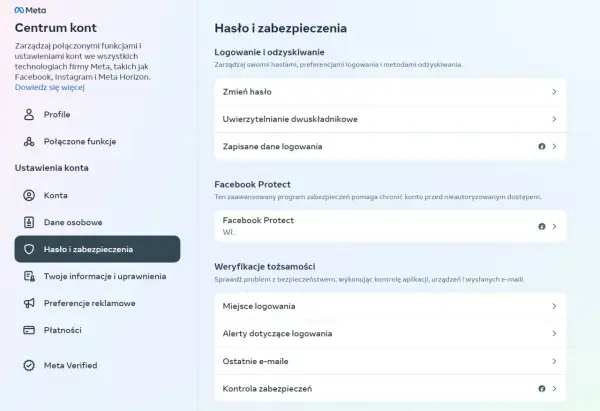 Centrum kont Meta: Hasło i zabezpieczenia. Sekcja "Logowanie i odzyskiwanie" zawiera opcję "Zapisane dane logowania", która pomoże Ci sprawdzić ostatnie logowania na FB.