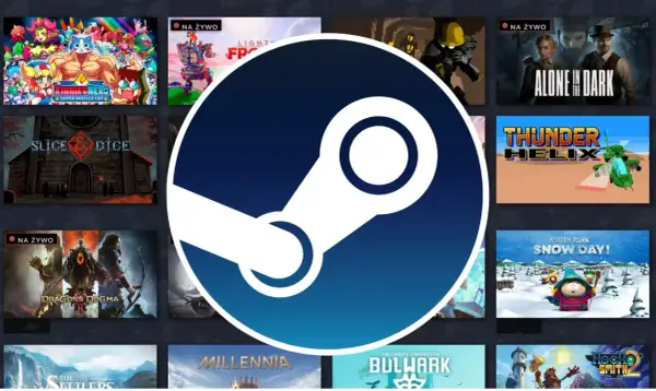 Ikona Steam na tle gier. Dowiedz się, jak zaktualizować Steam, aby cieszyć się nowościami i poprawkami.