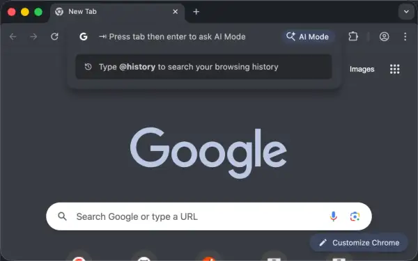 Przycisk "AI Mode" w pasku adresu Google Chrome. Aby wyłączyć tryb AI, naciśnij Tab, a następnie Enter.